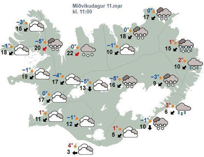 Spákortið klukkan 11 í dag, eins og það lítur út klukkan 7 í morgun.