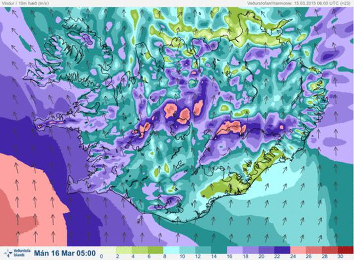 Svona lítur spákort Veðurstofu Íslands út fyrir nóttina. Fjólublátt og rautt þýðir sterkari vindur.