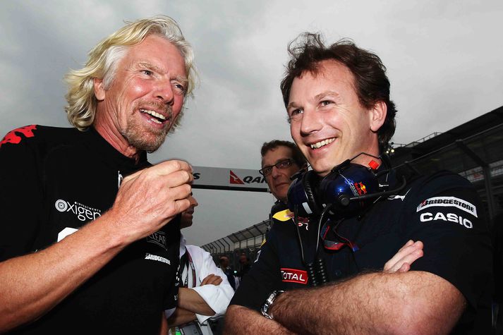 Richard Branson og Christian Horner sem tryggði Red Bull liðinu meistaratitil bílasmiða um síðustu helgi.