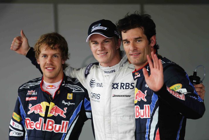 Þrír fremstu á ráslínu.Sebastian Vettel, Nico Hulkenberg og Mark Webber.