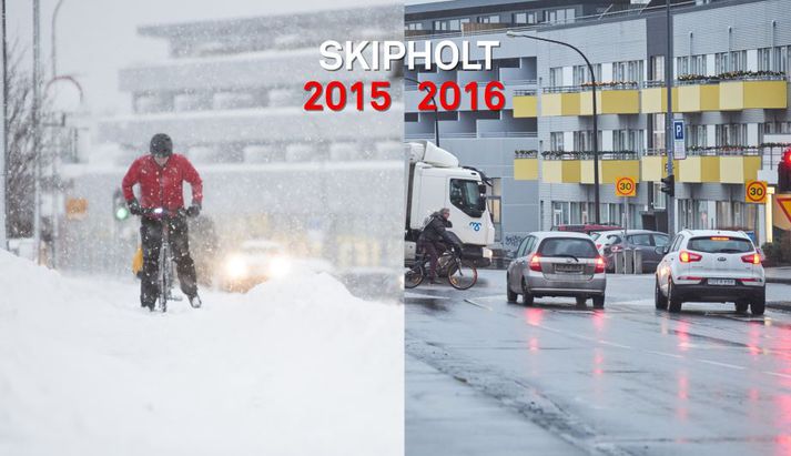 Þetta eru myndir teknar í Skipholti í desember í fyrra og nú í síðustu viku. Munurinn er gríðarlegur. 