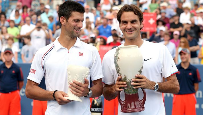 Það fór vel á með Roger Federer og Novak Djokovic í mótslok.