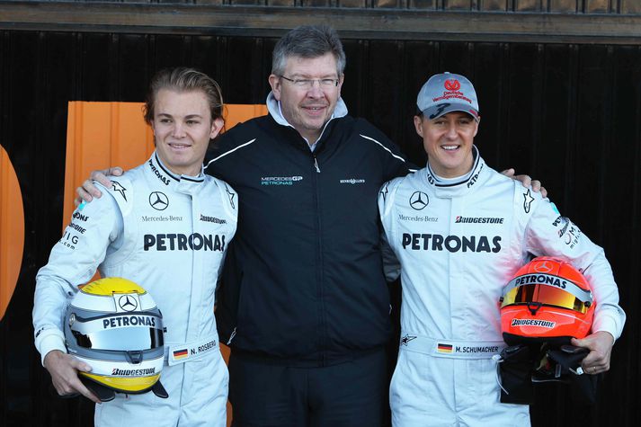 Ross Brawn ásamt Nico Rosberg og Michael Schumacher.