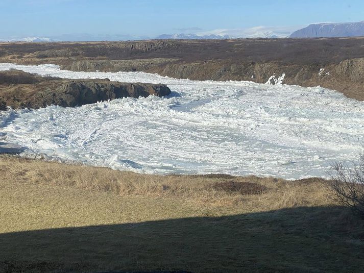 Þrátt fyrir að það sé lítill eða engin á snjór á láglendinu á vesturlandi eru árnar í klakaböndum. Þetta er Efri Hvítstaðahylur í Langá á Mýrum, mynd tekin um helgina.