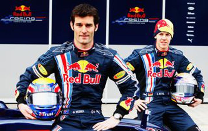 Mark Webber og Sebastian Vettel á frumsýningu Red Bull í morgun