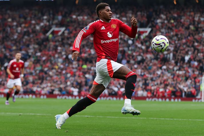 Marcus Rashford í síðasta leik sínum með Manchester United sem var tapleikur á móti Liverpool. Enski framherjinn á enn eftir að skora á leiktíðinni.