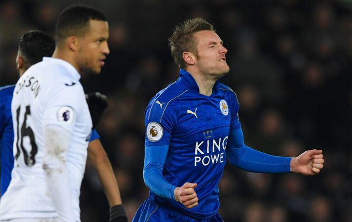 Svipbrigði Jamie Vardy í leiknum við Swansea um helgina segja mikið til um stöðuna á liðinu.