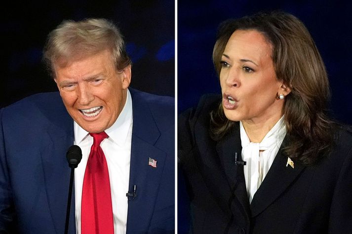 Donald Trump og Kamala Harris á sviðið í Phyladelphia í nótt.