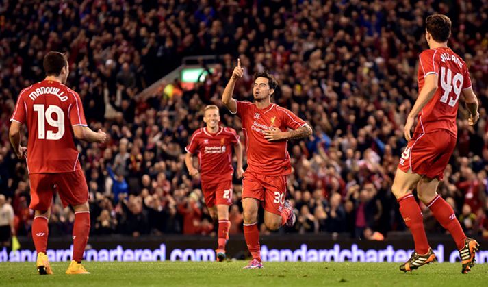 Suso fagnar marki sínu gegn Middlesbrough í deildarbikarnum í september síðastliðnum.