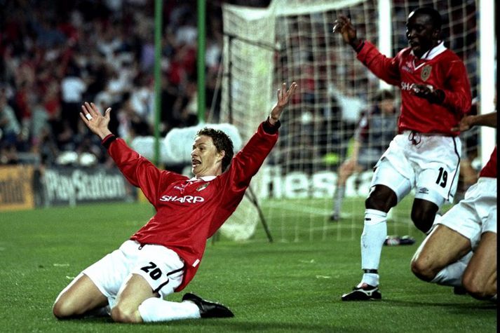 Ole Gunnar Solskjær fagnar marki sínu í maí 1999.