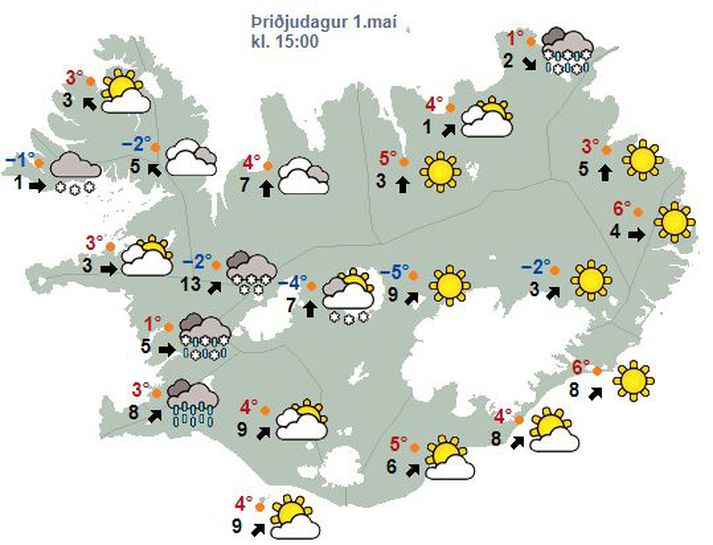 Spákort Veðurstofu Íslands fyrir miðjan dag í dag.