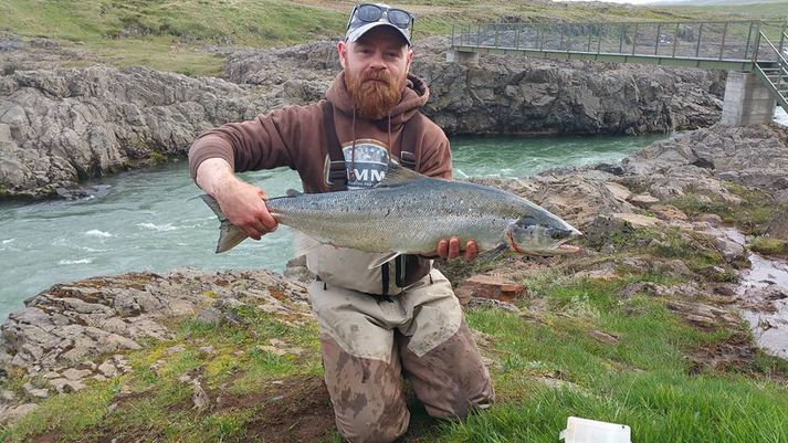 Heiðar Logi með lax sem hann landaði í Blöndu í morgun.