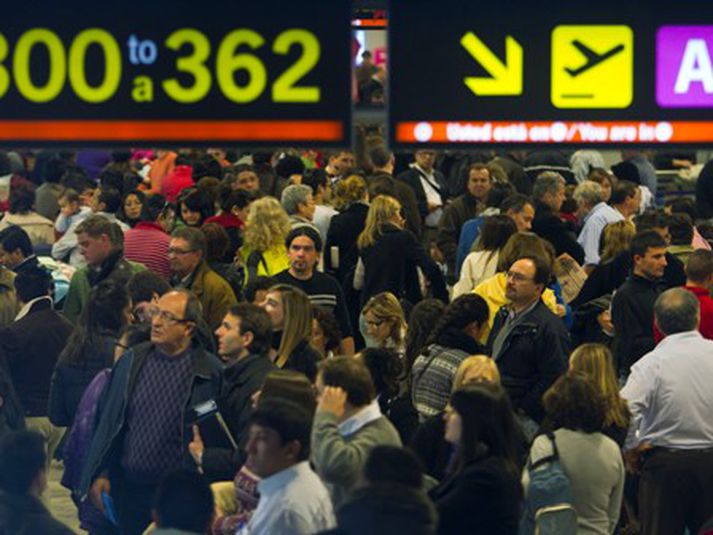 Frá Barajas flugvellinum í Madrid í morgun.