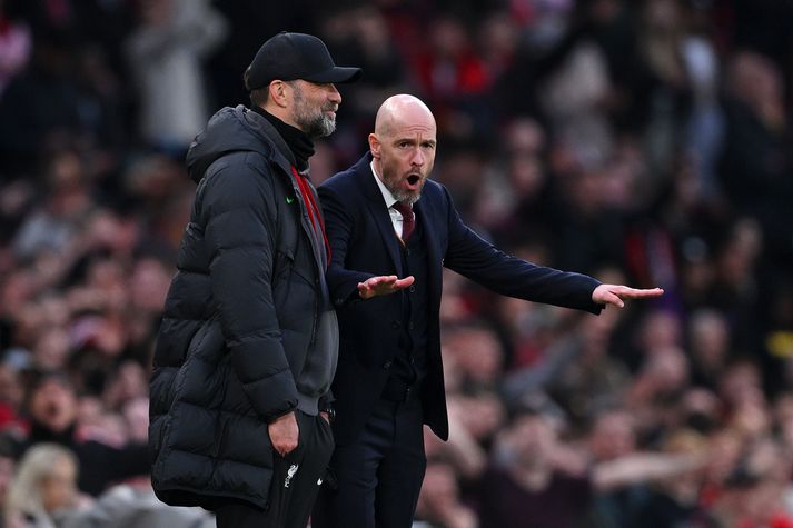 Jürgen Klopp og Erik ten Hag þegar þeir voru knattspyrnustjórar Liverpool og Manchester United í ensku úrvalsdeildinni.