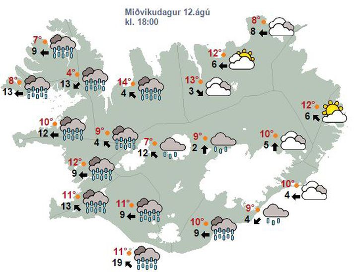 Spákort Veðurstofu Íslands fyrir morgundaginn.