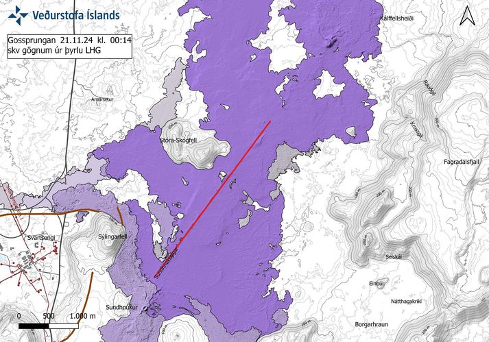 Áætluð lega gossprungunnar samkvæmt gögnum úr þyrlu Landhelgisgæslunnar um klukkan 00:14 í nótt.