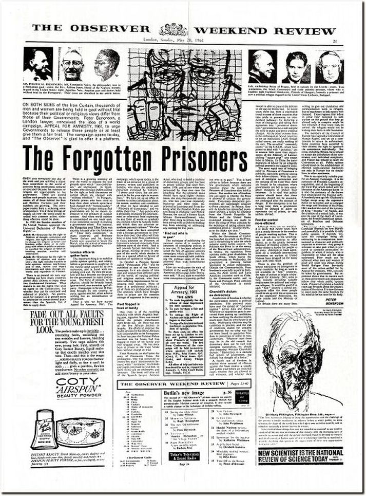 Gleymdu fangarnir. Greinin eftir Peter Benenson sem Observer birti í maí árið 1961 varð upphafið að Amnesty International.