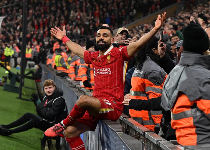 Mohamed Salah fagnar einu af mörgum mörkum sínum fyrir Liverpool á tímabilinu.