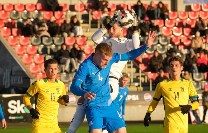 Logi Hrafn Róbertsson í baráttu við markvörð litáíska liðsins. 