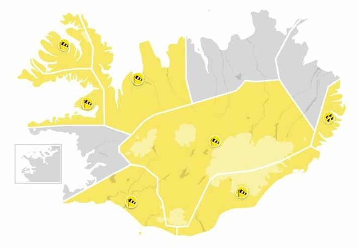 Skjáskot af vef Veðurstofunnar af þeim gulu viðvörunum sem eru í gildi í dag og í kvöld.