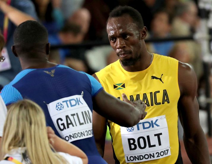 Usain Bolt ræðir hér við Justin Gatlin.