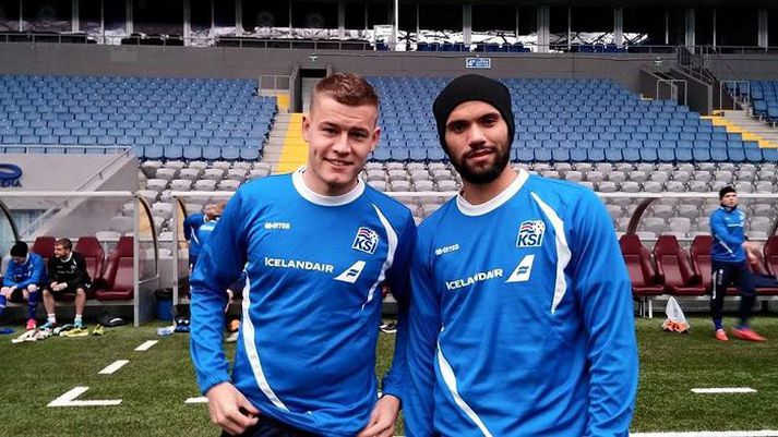 Mættir Alfreð Finnbogason og Guðlaugur Victor Pálsson á æfingunni í Astana í gær.