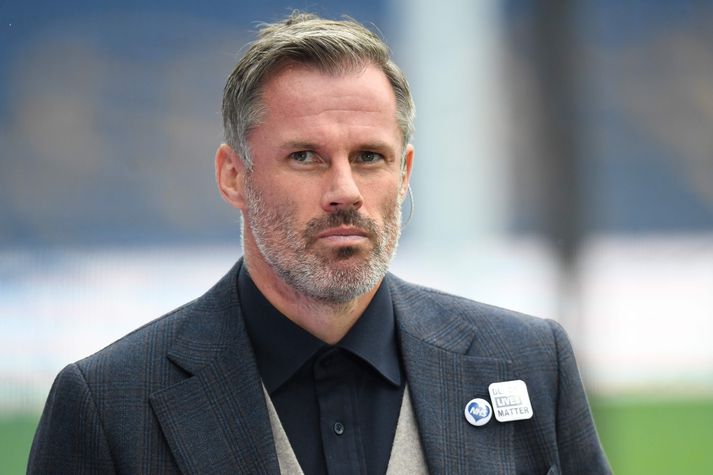 Jamie Carragher þurfti frá að hverfa í umfjöllun CBS um Meistaradeild Evrópu í gær.