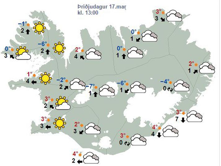 Svona lítur veðurspáin út fyrir morgundaginn.