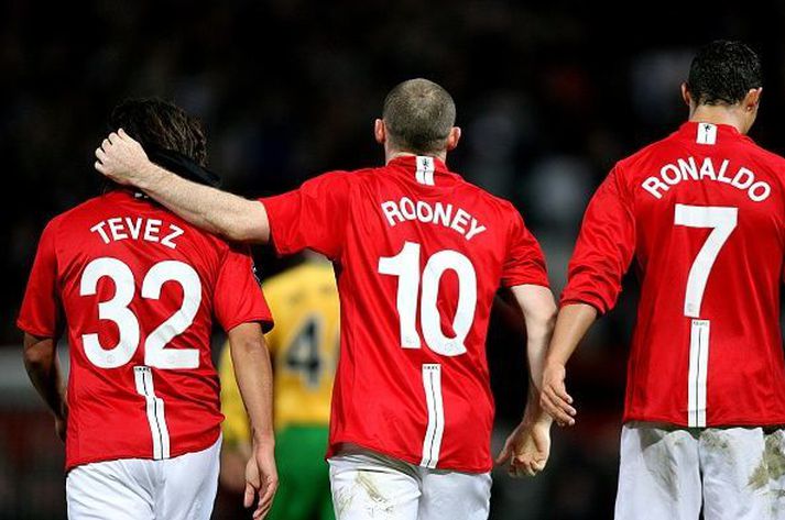 Tevez, Rooney og Ronaldo fagna marki í Meistaradeildinni gegn Celtic þetta tímabilið.