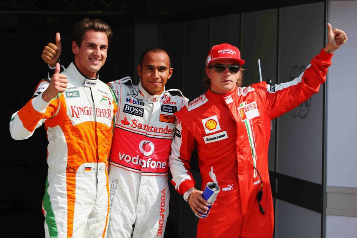 Lewis Hamilton, Adrian Sutil og Kimi Raikkönen fagna árangrinum í tímatökunni í gær.