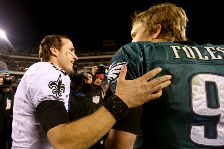 Drew Brees, leikstjórnandi New Orleans Saints og Nick Foles, leikstjórnandi Philadelphia Eagles eftir leikinn