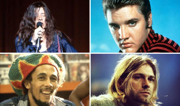 Janis Joplin, Elvis Presley, Bob Marley og Kurt Cobain létust öll langt fyrir aldur fram.