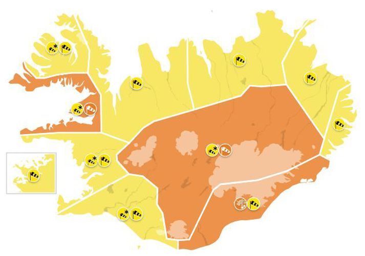 Svona er viðvaranakort Veðurstofunnar núna.