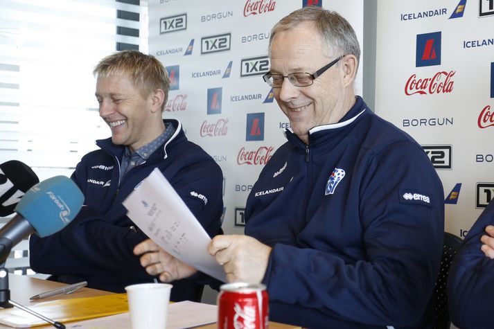 Lars Lagerbäck og aðstoðarmaður hans Heimir Hallgrímsson.