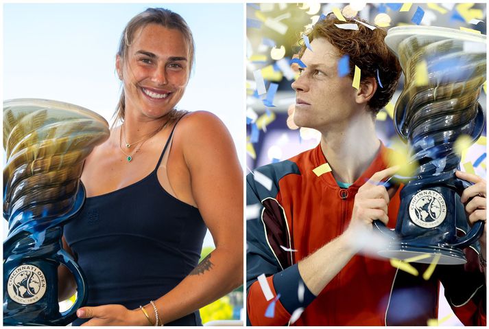 Jannik Sinner og Aryna Sabalenka fengu bæði alveg eins bikar fyrir sigurinn en það er ekki hægt að segja það sama um verðlaunaféð.