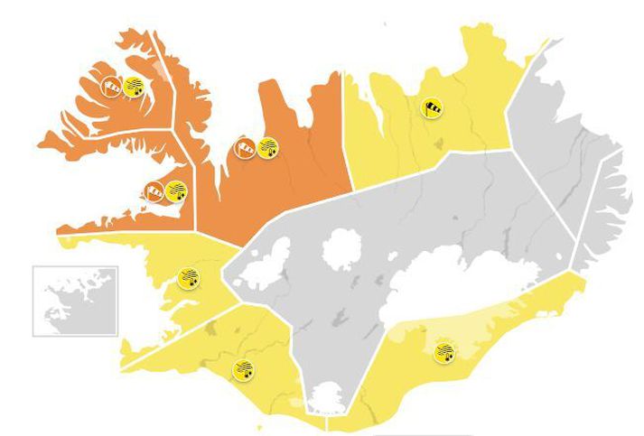 Veðurviðvaranir á sunnudagskvöld.