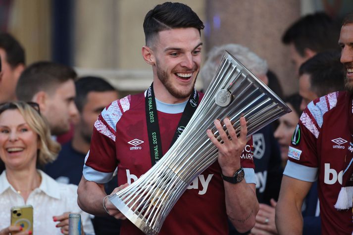 Declan Rice vann Sambandsdeild Evrópu með West Ham áður en hann yfirgaf félagið.