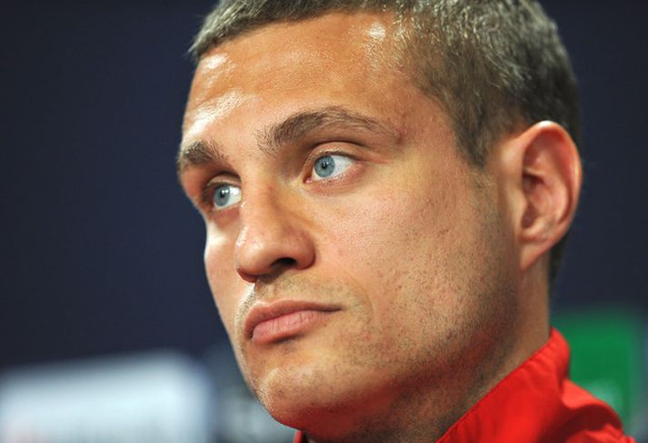 Nemanja Vidic á blaðamannafundi í dag.