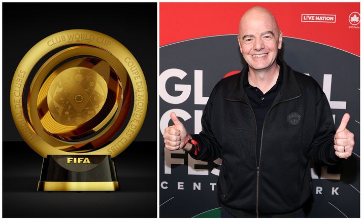 Gianni Infantino, forseti FIFA, og nýju bikarinn sem er vel merktur honum.