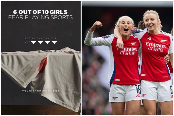 Arsenal konurnar Chloe Kelly og Leah Williamson fagna marki en til vinstri má sjá auglýsinguna vegna herferðarinnar