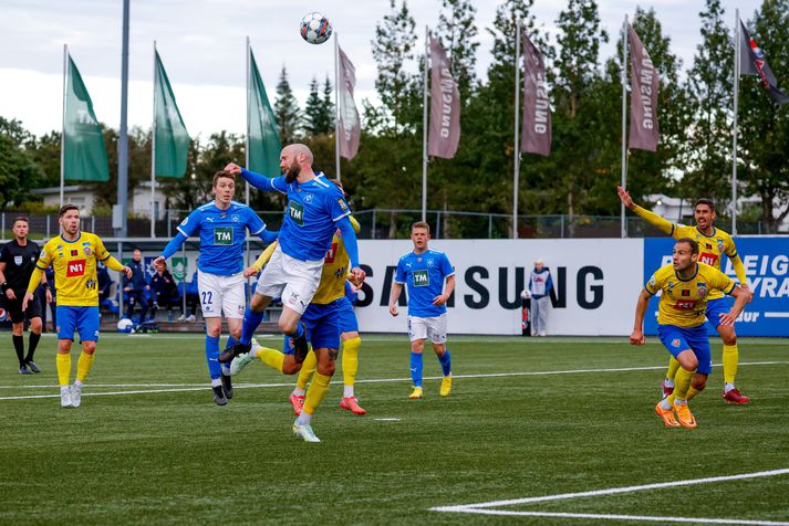 Daníel Laxdal varð fyrir því óláni að skora sjálfsmark gegn KA í dag.