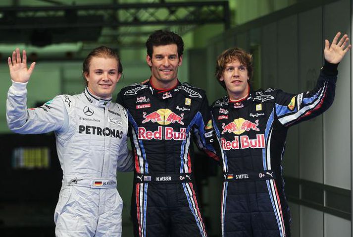 Fremstu menn á ráslínu í Malasíu. Nico Rosberg, Mark Webber og Sebastian Vettel.