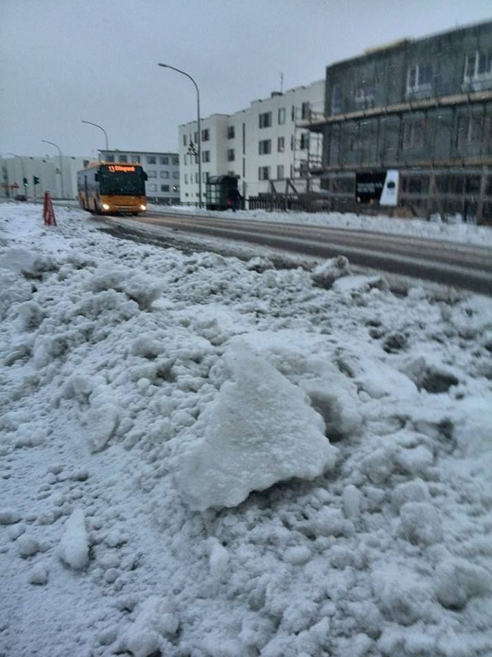 Hér má sjá hversu mikill snjór er við göngustíga á Nesveginum.