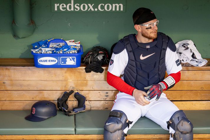 Danny Jansen í búningi Boston Red Sox fyrir leikinn á móti hans gömlu félögum í Toronto Blue Jays.