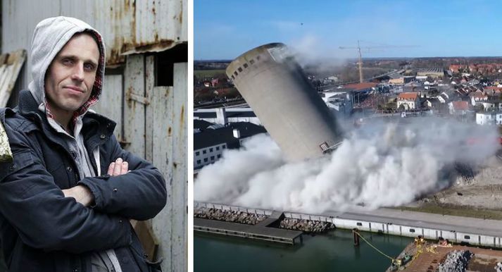 Sílóið hrundi á húsið þar sem Kristján Ingimarsson er með lager í dönsku borginni Vordingborg.