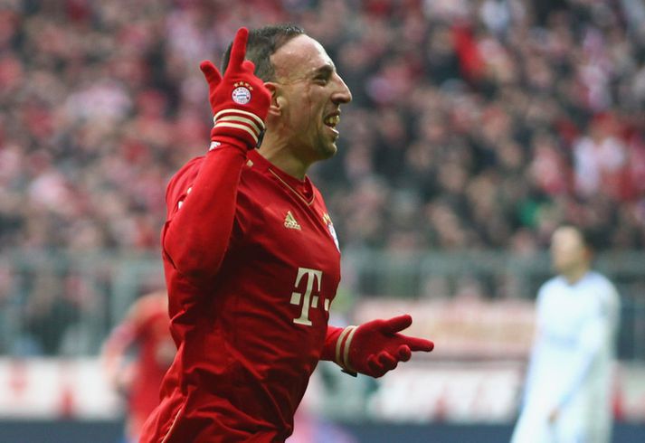 Ribery fagnar fyrra marki sínu á Allianz-leikvanginum í dag.