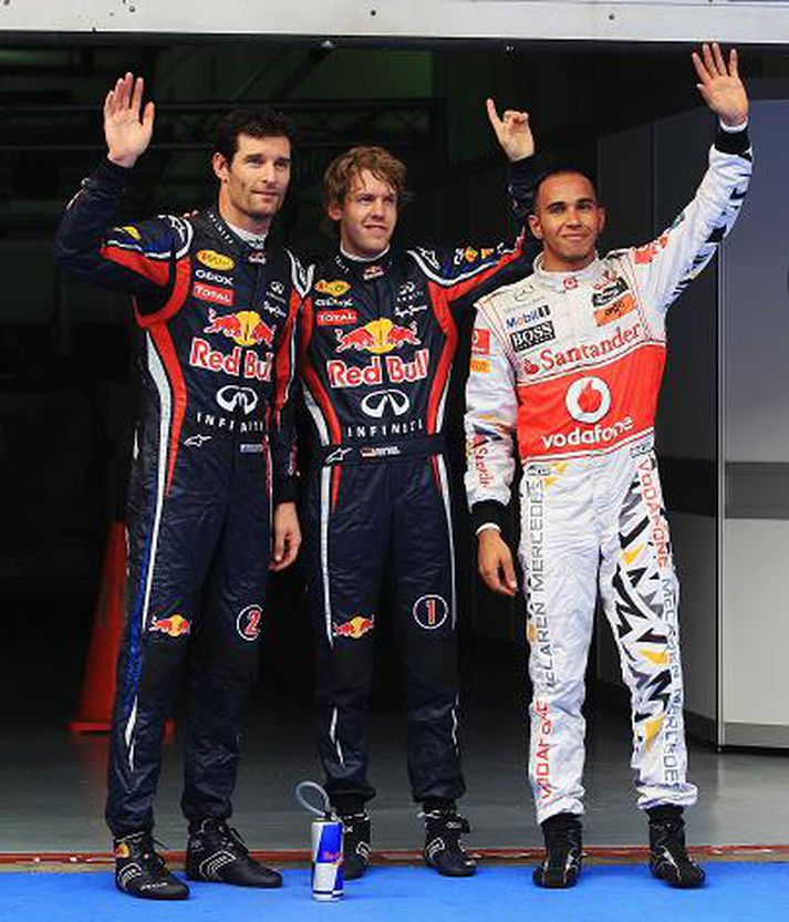 Fremstu menn á ráslínu á morgun. Mark Webber, Sebastian Vettel og Lewis Hamilton.