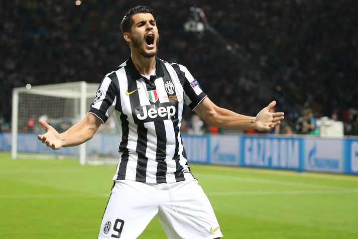 Alvaro Morata, leikmaður Juventus, fagnar hér marki sínu í úrslitaleiknum gegn Barcelona.