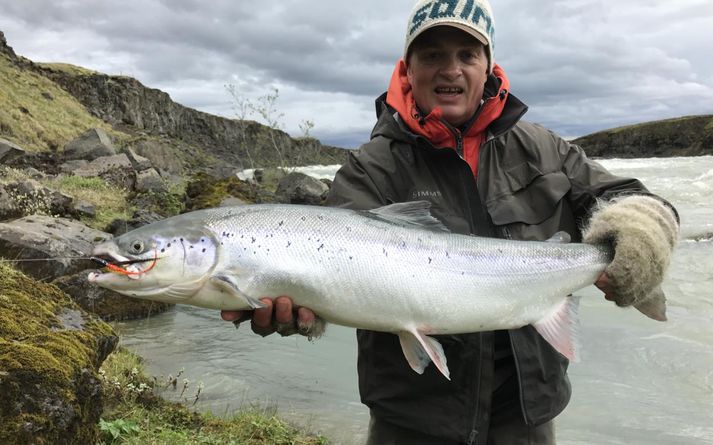 Stefán Sigurðsson hjá Iceland Outfitters með vænan lax úr Þjórsá.