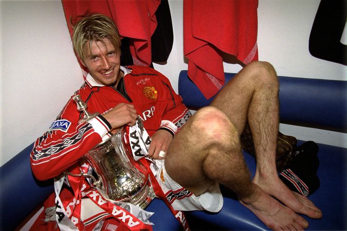 David Beckham í búningsklefanum á gamla Wembley eftir að Manchester United vann Newcastle United í úrslitaleik ensku bikarkeppninnar vorið 1999.